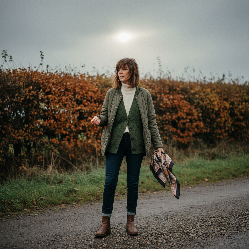 A woman stands on a country lane in three layers — cream roll-neck, green cardigan and quilted jacket — holding a folded scarf, with an autumn hedgerow behind her.