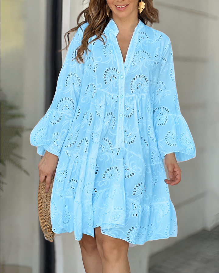 Prudence | Damen weißes Broderie Anglaise Kleid mit langen Ärmeln