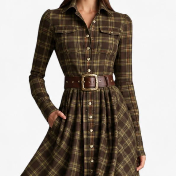 Francine | Damen Hemdblusenkleid mit Karomuster und langen Ärmeln