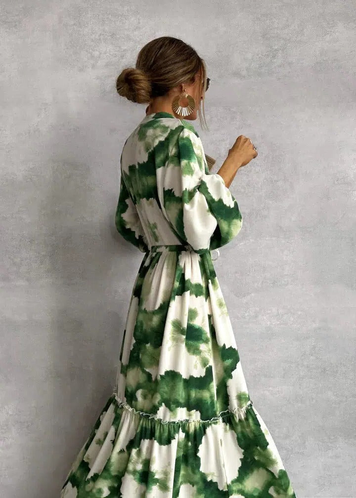 Adelyn | Women's Tie Dye Long Sleeve Tiered Maxi Dress - Green - Image 1