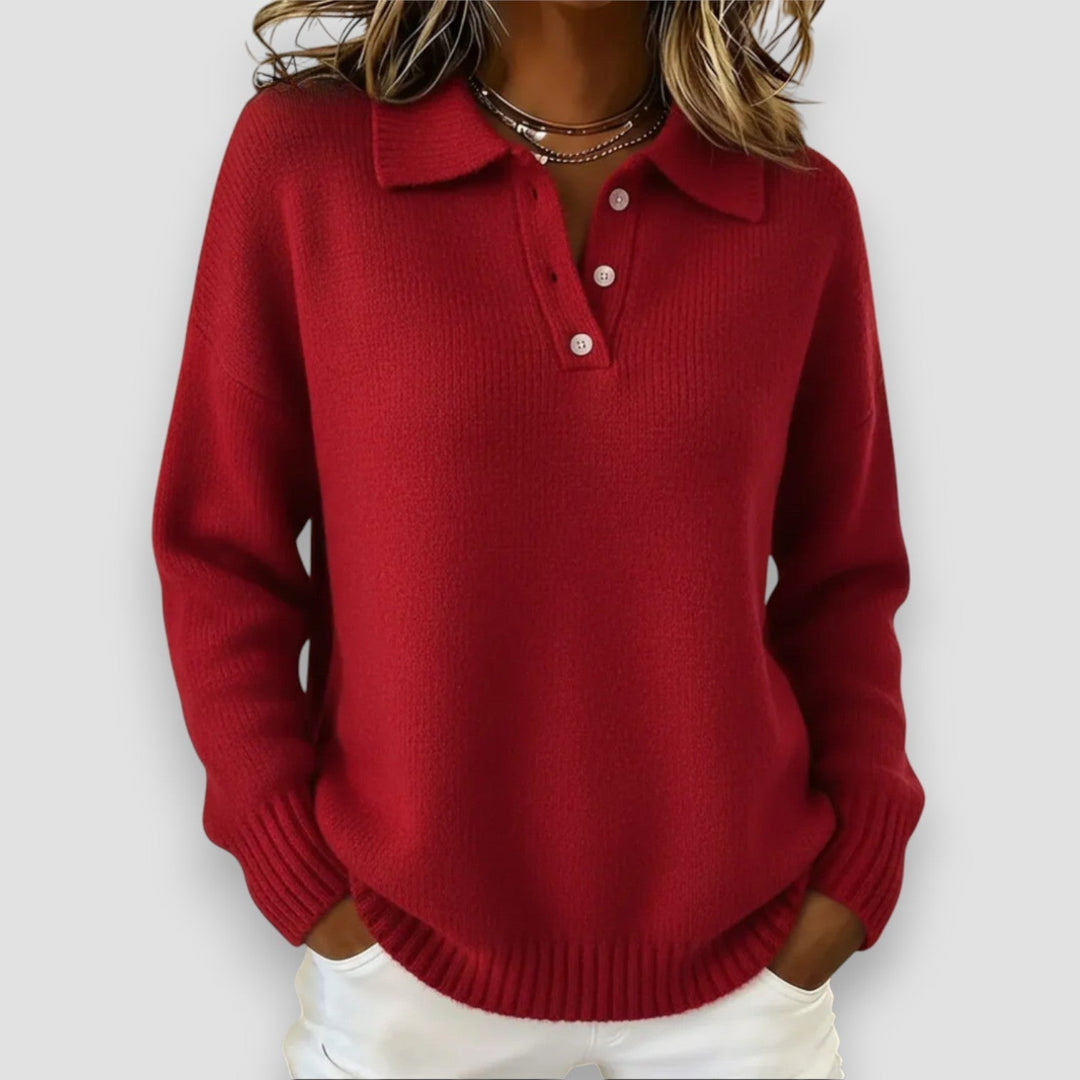 Aldith | Women's Collared Knit Polo Jumper - Red - Image 1