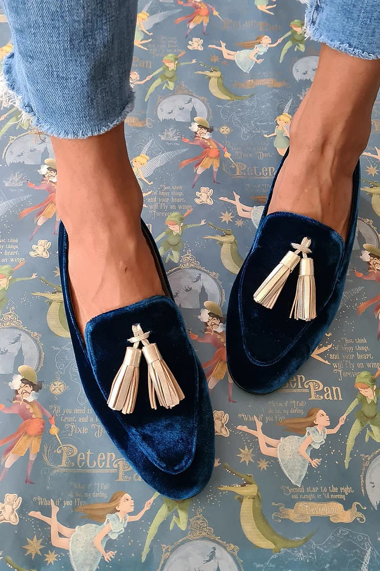 Aldura | Women's Velvet Tassel Loafers - Navy - Image 1