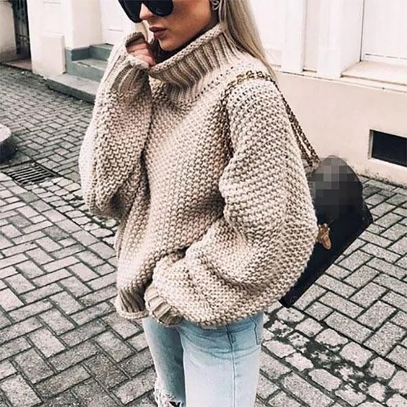 Aldvine | Women's Oversized Chunky Knit Turtleneck Jumper - Beige - Image 1