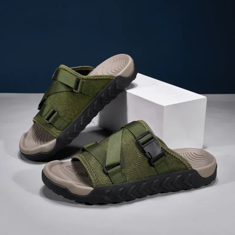 Allegra | Women's Adjustable Strap Slide Sandals - Khaki - Image 1