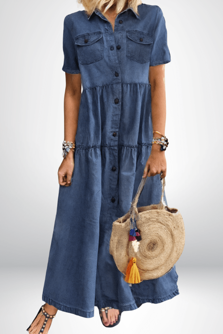 Allegra | Women's Button Front Short Sleeve Maxi Dress - Blue - Image 1