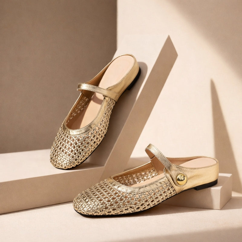 Allegra | Women's Woven Mary Jane Flat Mules - Gold - Image 1