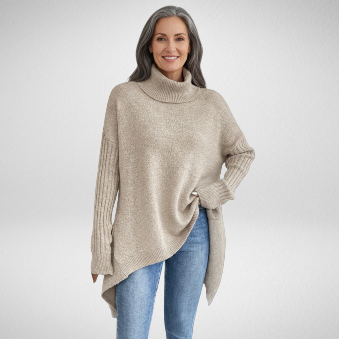 Alveth | Women's Oversized Turtleneck Jumper - Beige - Image 1