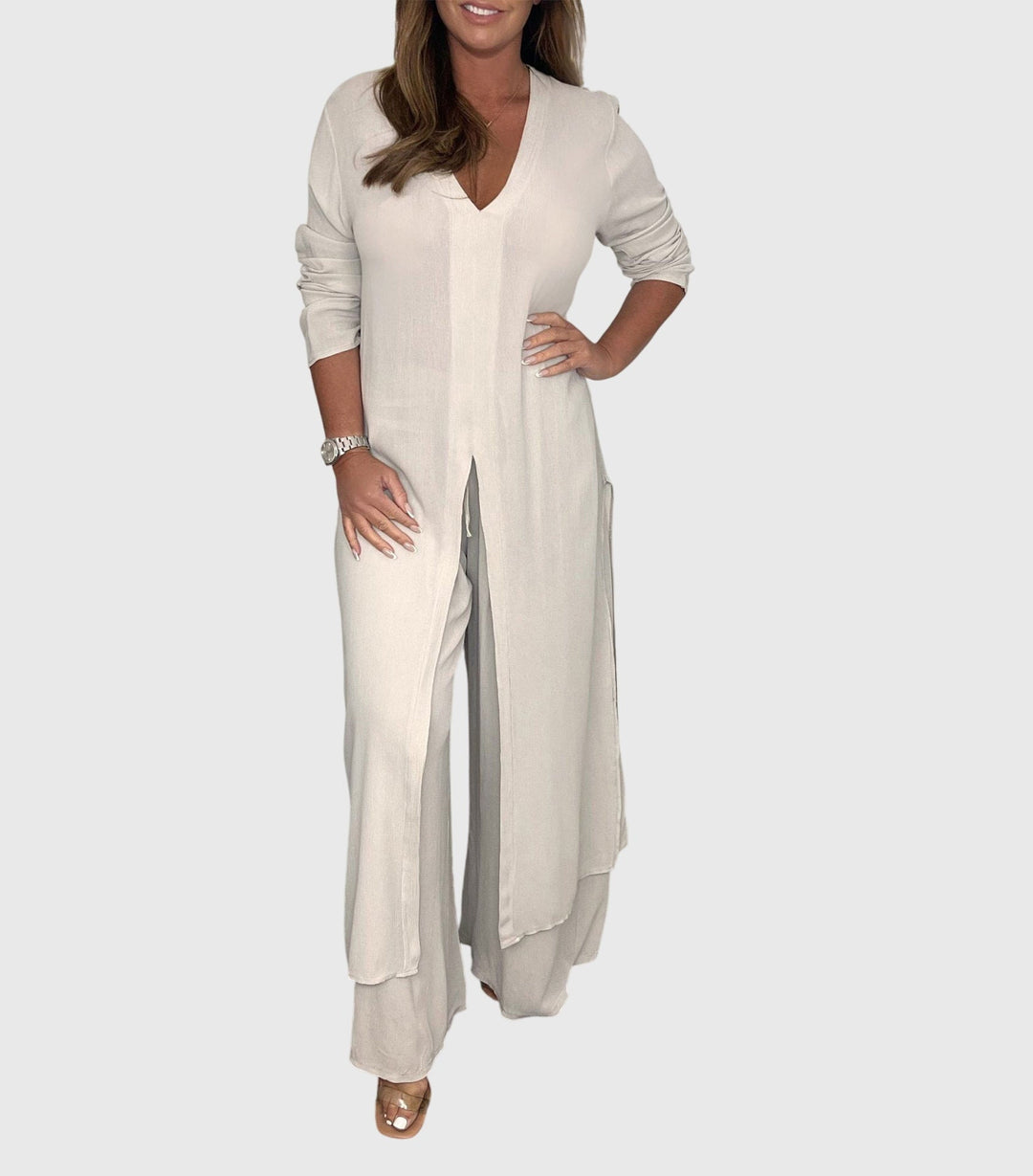 Andromeda | Women's Duster Cardigan Wide Leg Two Piece Set - Beige - Image 1
