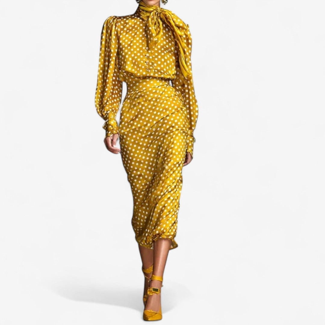 Andromeda | Women's Polka Dot Bow Tie Midi Dress - Yellow - Image 1