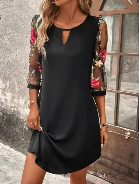 Arabella | Women's Floral Embroidered Long Sleeve Dress - Black - Image 1