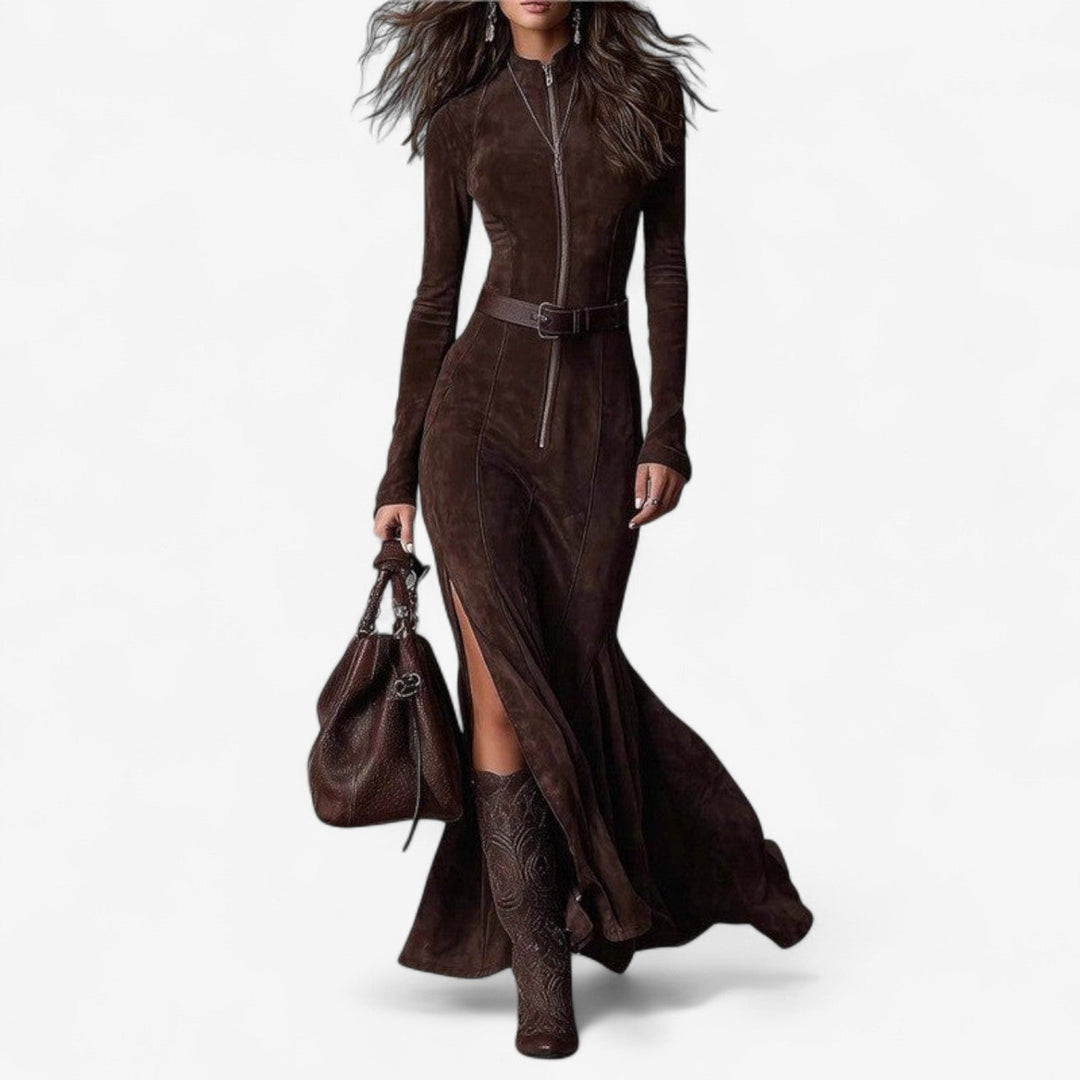 Artemisia | Women's Zip Front Long Sleeve Maxi Dress - Brown - Image 1