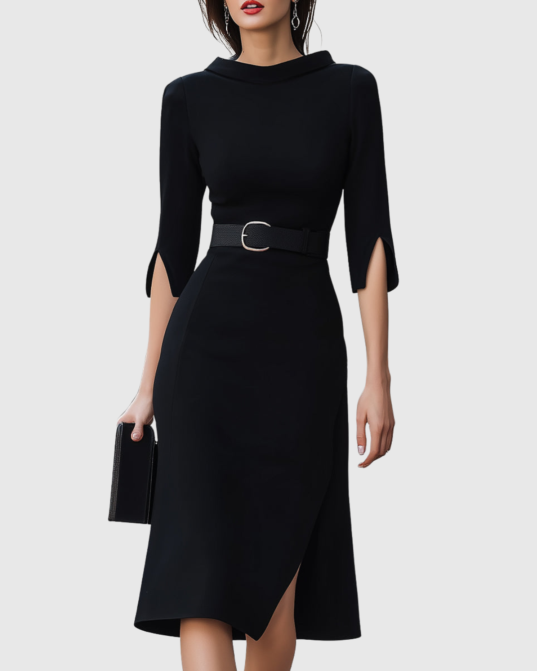 Aurelia | Women's Mock Neck Belted Midi Dress - Black - Image 1