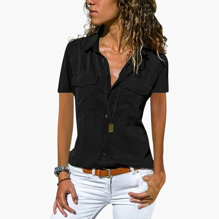 Azalea | Women's Short Sleeve Button Down Shirt - Black - Image 1
