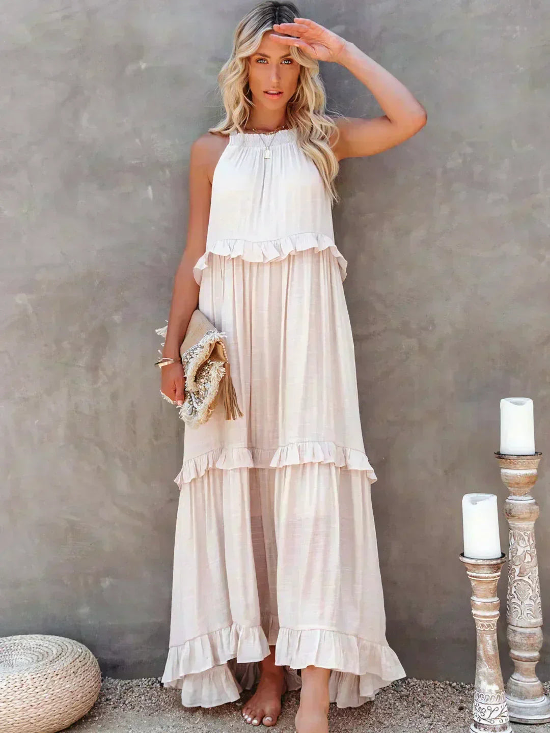 Azuriana | Women's Tiered Sleeveless Maxi Dress - Champagne - Image 1