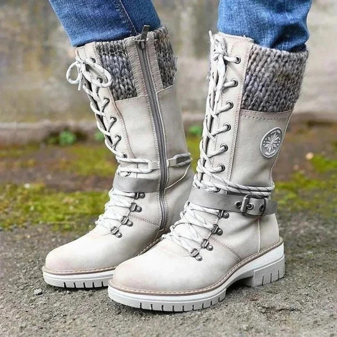 Beatrix | Women's Lace Up Knee High Boots - Beige - Image 1