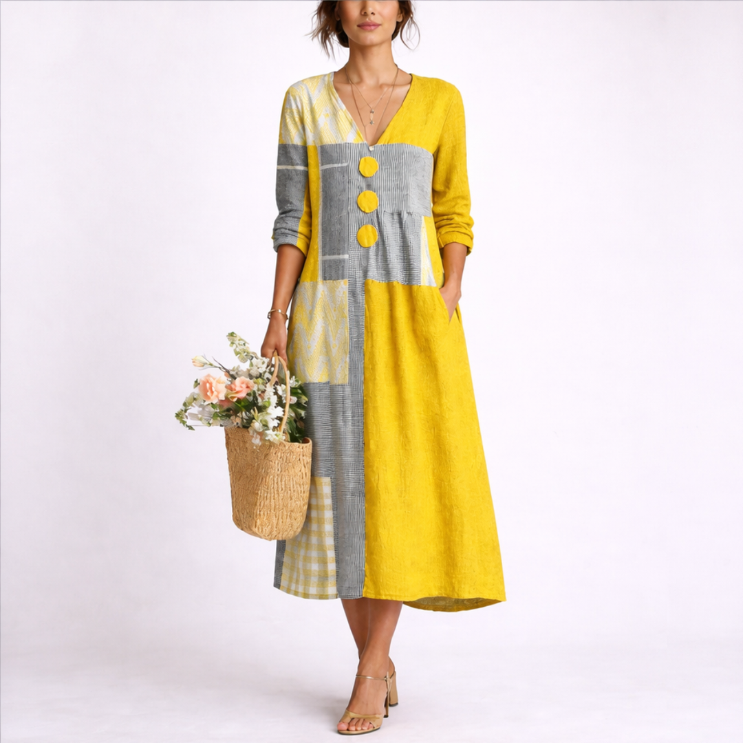 Beatriz | Women's V Neck Patchwork Long Sleeve Midi Dress - Image 1