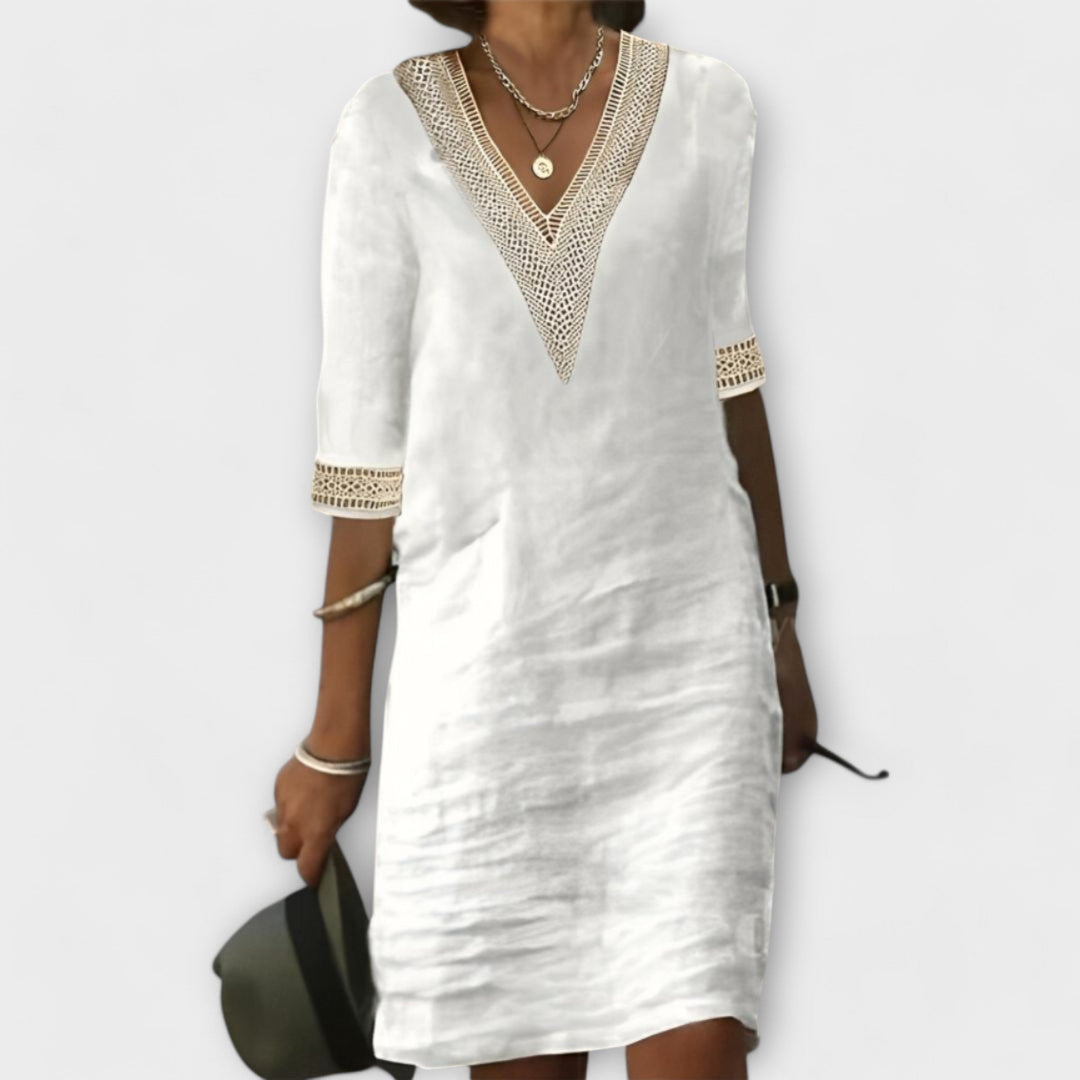 Belinda | Women's White Crochet V-Neck Midi Dress - White - Image 1