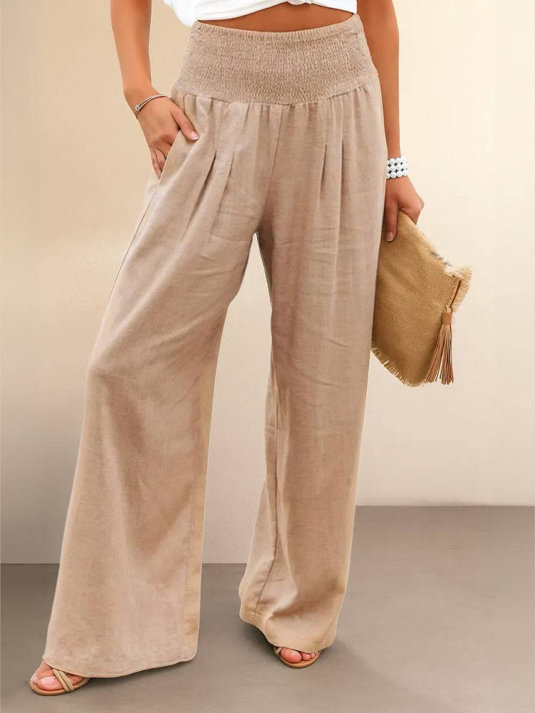 Bianca | Women's High Waist Wide Leg Smocked Waistband Trousers - Beige - Image 1