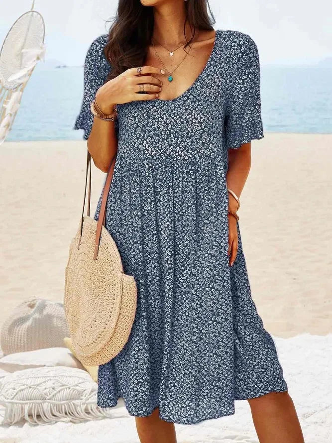 Briony | Women's Floral V-Neck Smock Dress - Navy - Image 1