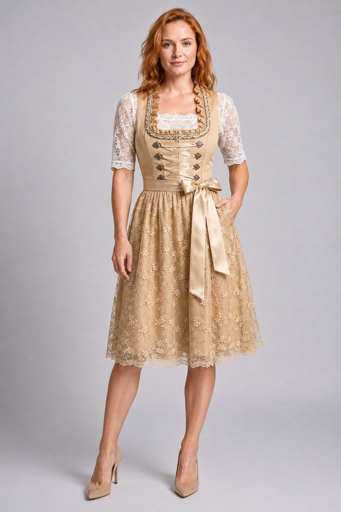 Britta | Women's Dirndl Oktoberfest Dress with Lace Blouse - Champagne - Image 1