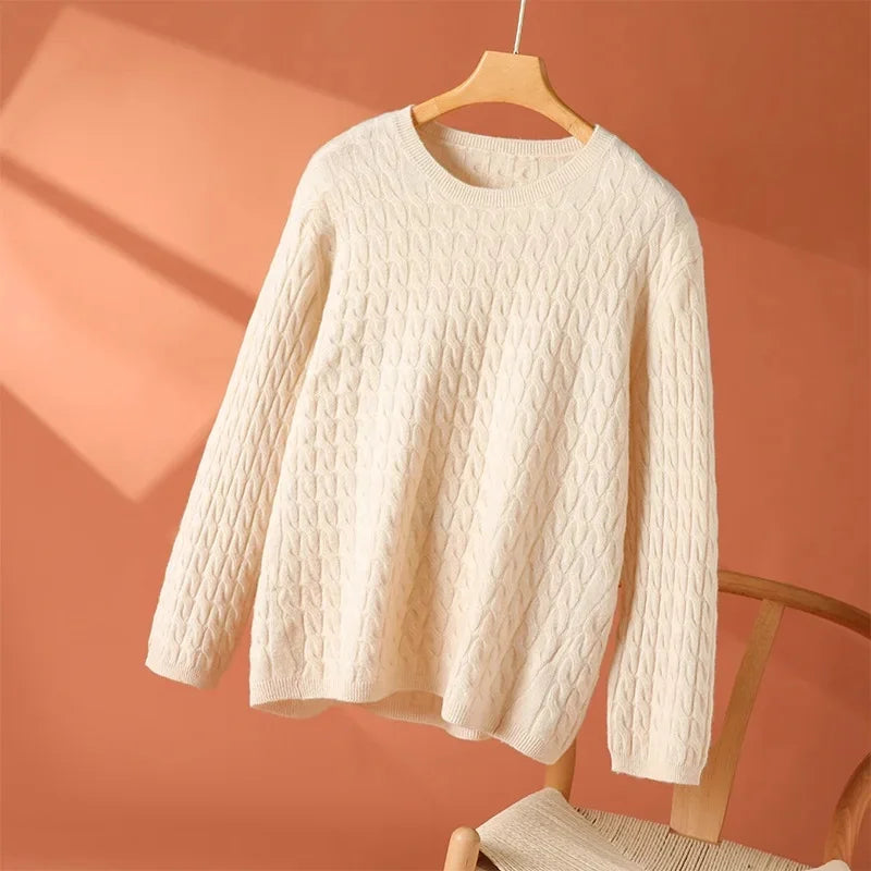 Bronwyn | Women's Cable Knit Round Neck Jumper - Beige - Image 1