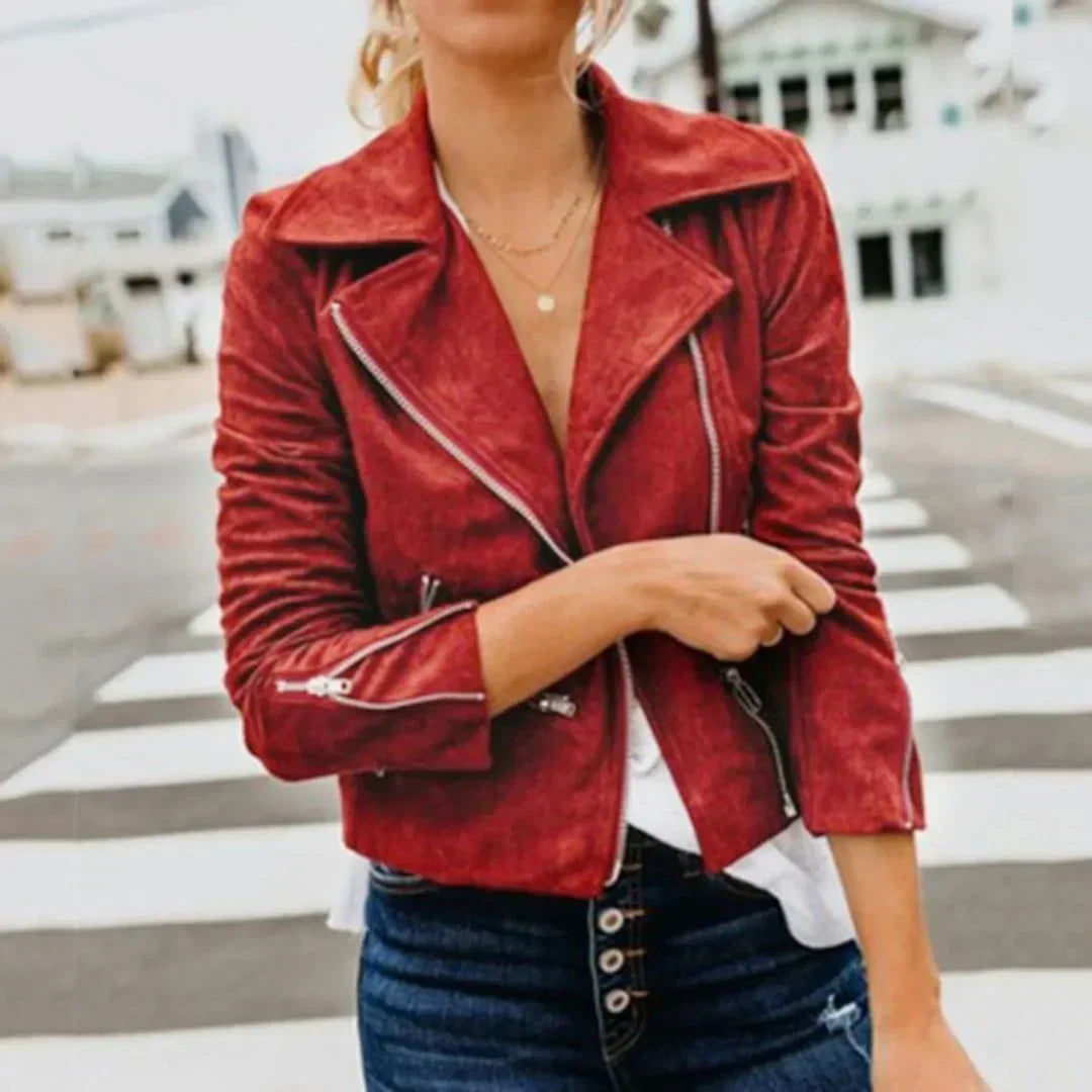Bryndara | Women's Leather Jacket Suede Biker - Red - Image 1