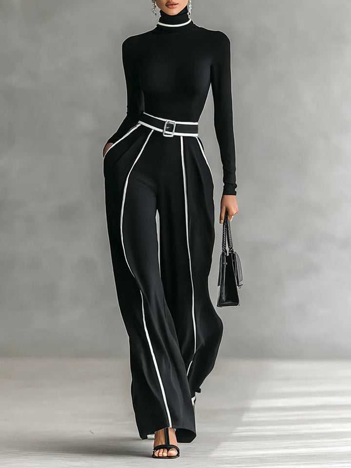 Bryony | Damen-Set mit Langarmshirt mit Stehkragen und weitem Hosenbein – Schwarz – Bild 1
