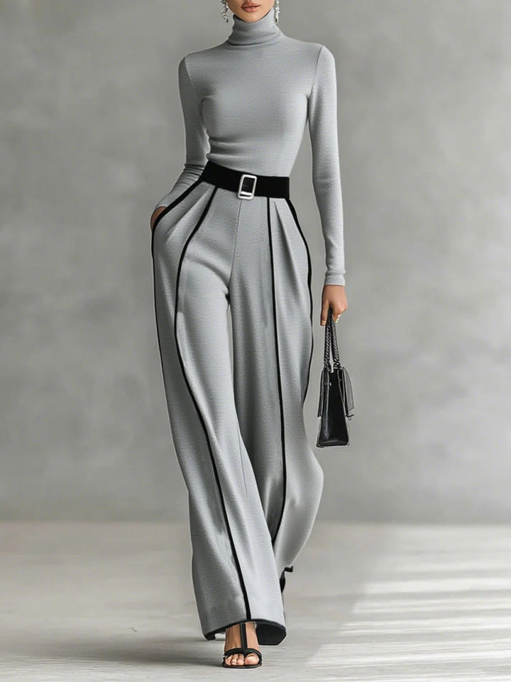 Bryony | Damen-Set mit Langarmshirt mit Stehkragen und weitem Hosenbein – Schwarz – Bild 2
