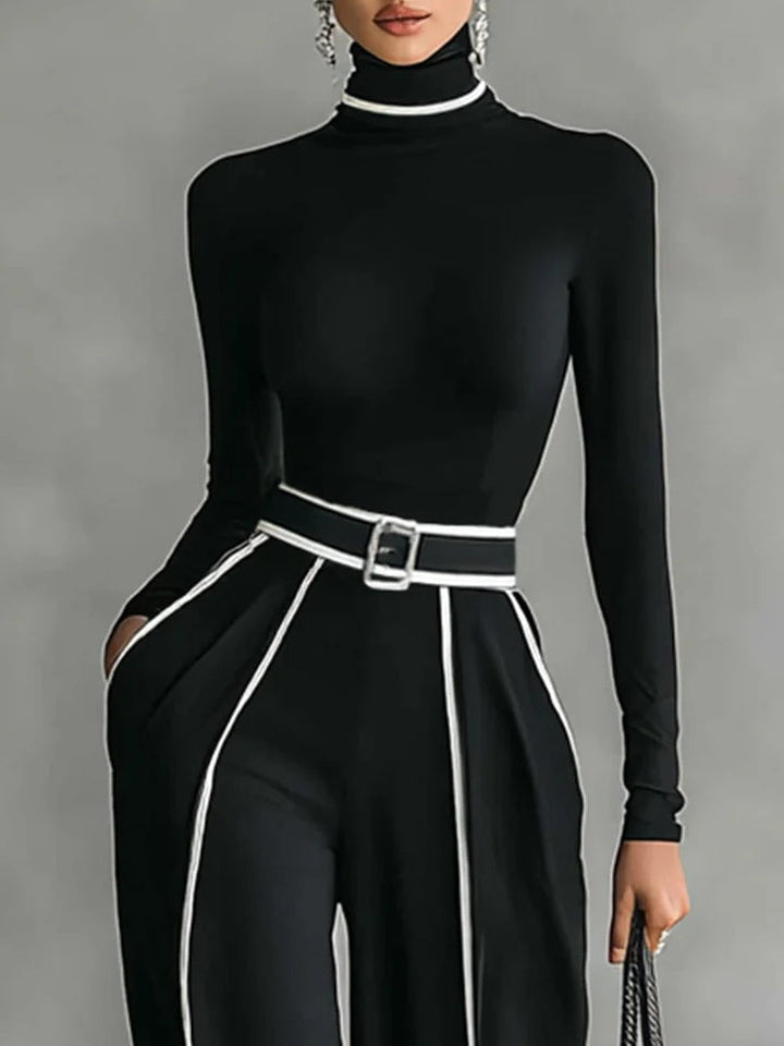 Bryony | Damenoberteil mit Stehkragen und langen Ärmeln &amp; Hosen-Set mit weitem Bein - Schwarz - Bild 4