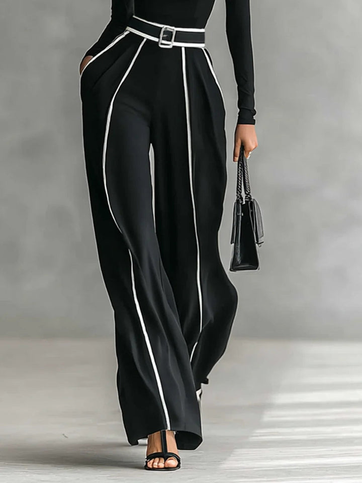 Bryony | Damen-Set mit Langarmshirt mit Stehkragen und weitem Hosenbein – Schwarz – Bild 5