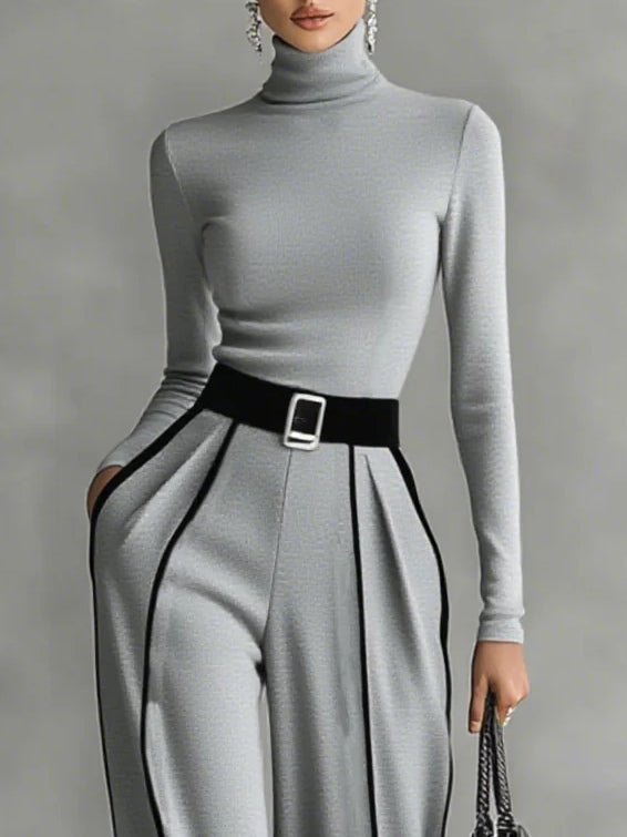 Bryony | Damen-Set mit Langarmshirt mit Stehkragen und weitem Hosenbein – Schwarz – Bild 6