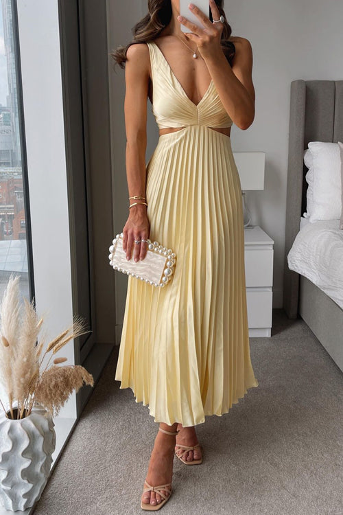 Calantha | Women's Pleated V-Neck Maxi Dress - Champagne - Image 1