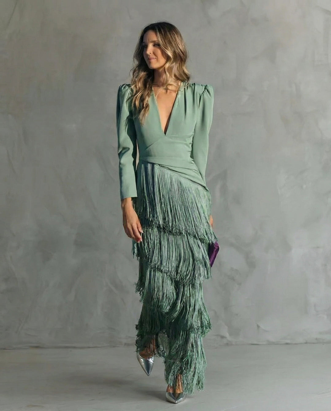 Calantha | Women's V-Neck Fringe Midi Dress - Green - Image 1