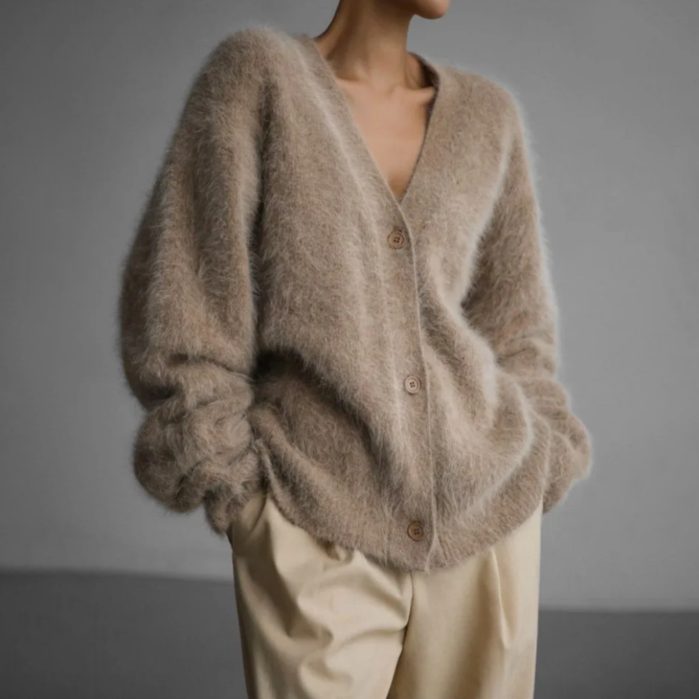Caldwell | Women's Fluffy Oversized Cardigan - Taupe - Image 1