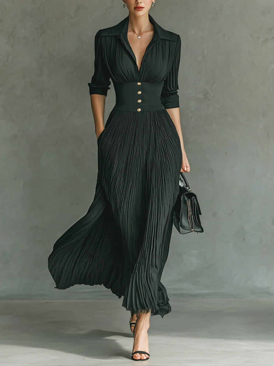 Calista | Women's Collared Pleated Maxi Dress - Dark Green - Image 1