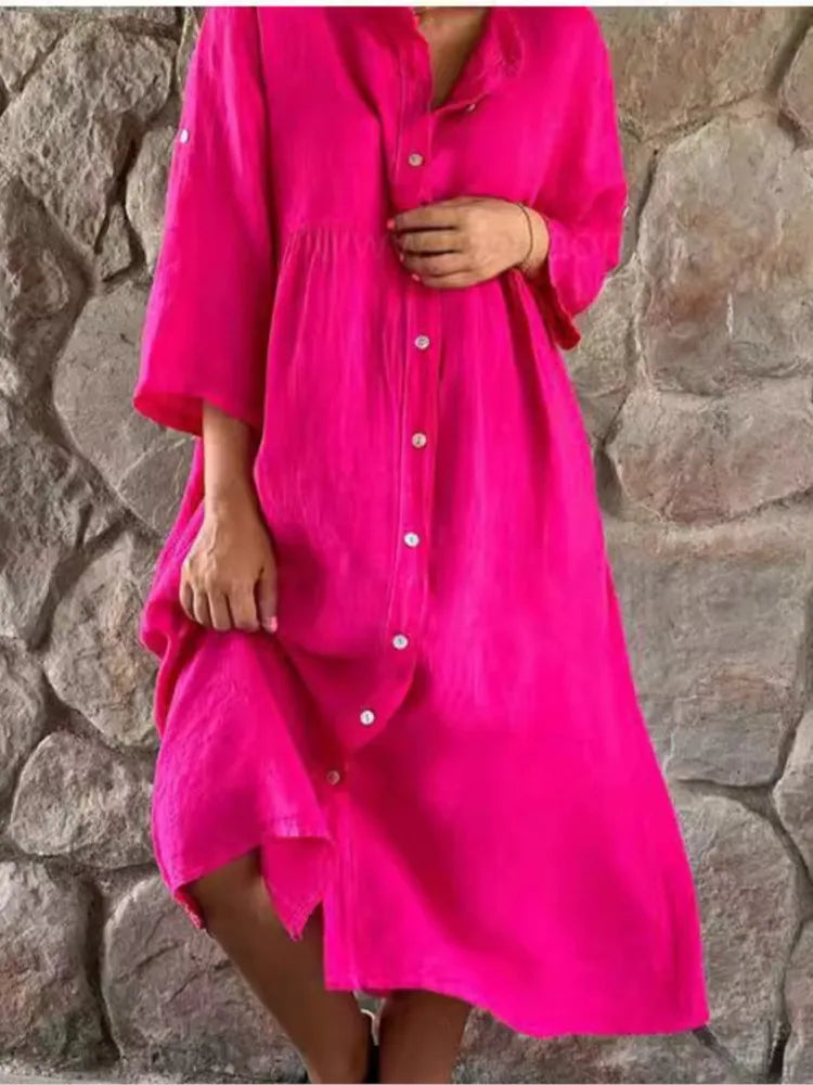 Calliope | Women's Collared Button Down Midi Shirt Dress - Pink - Image 1