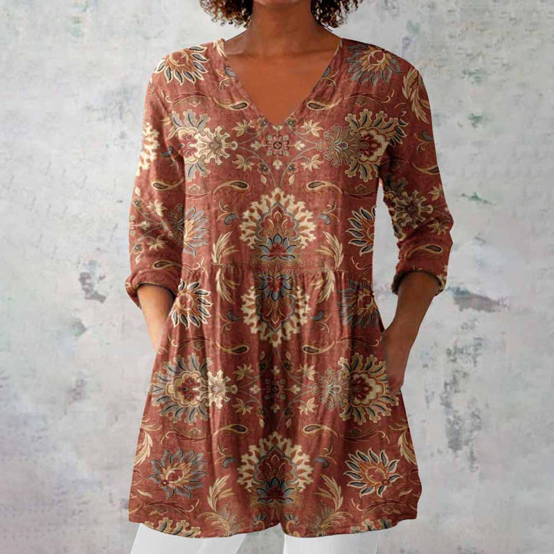 Calliope | Women's Paisley Print V-Neck Blouse - Brown - Image 1