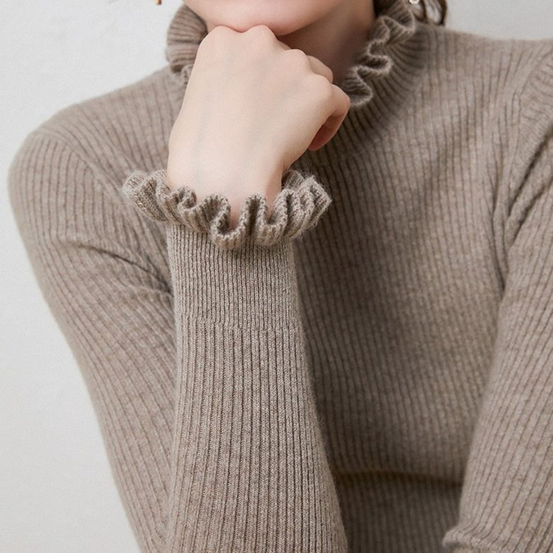 Calvine | Women's Ribbed Knit Jumper Ruffle Trim - Taupe - Image 1
