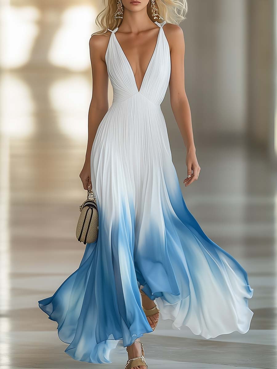 Camelia | Women's V Neck Gradient Pleated Maxi Dress - Blue - Image 1