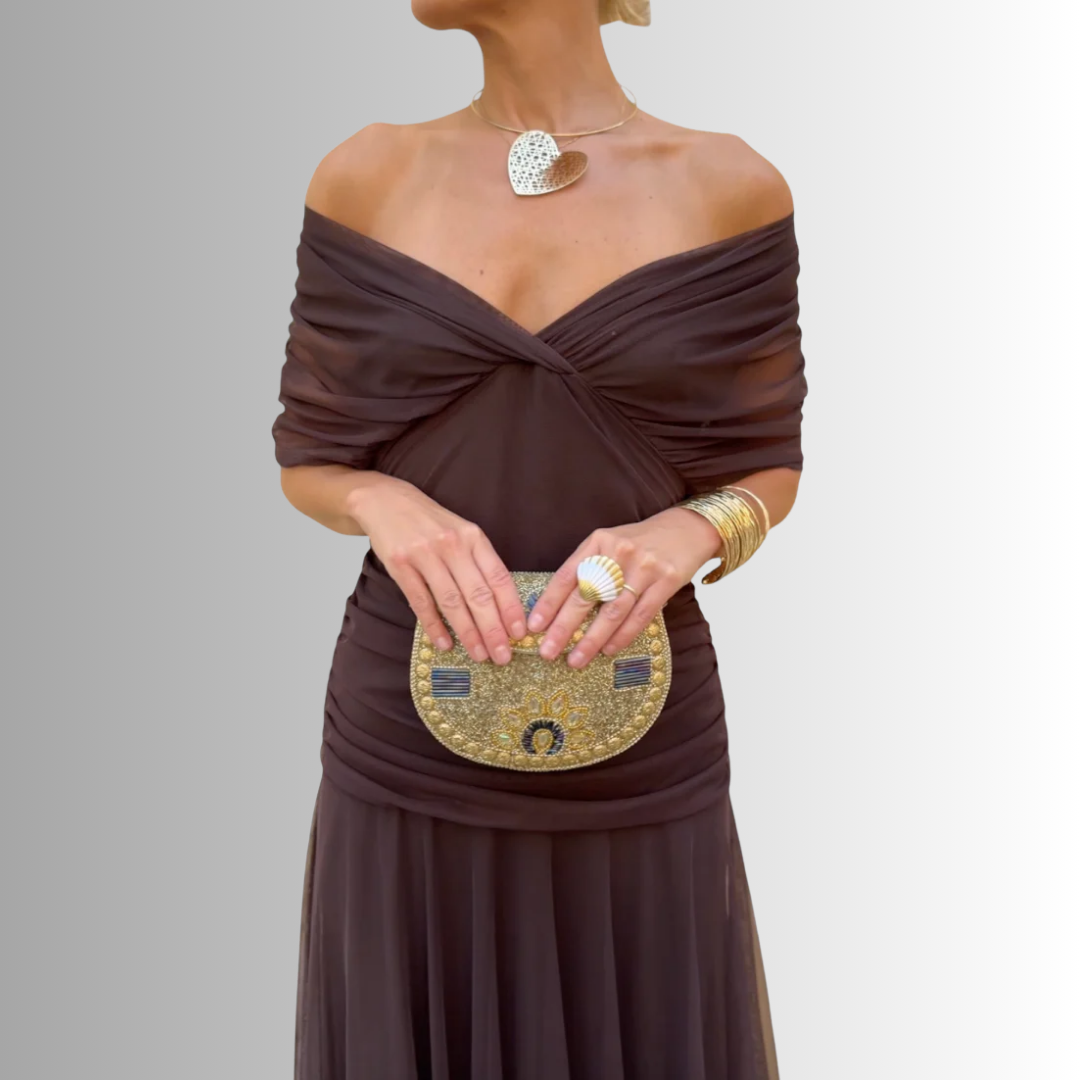 Cassandra | Women's Off-Shoulder Ruched Brown Maxi Dress - Brown - Image 1