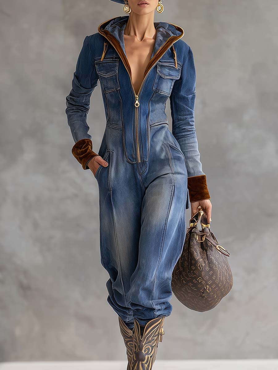 Cassiopeia | Women's Hooded V-Neck Long Sleeve Jumpsuit - Blue - Image 1
