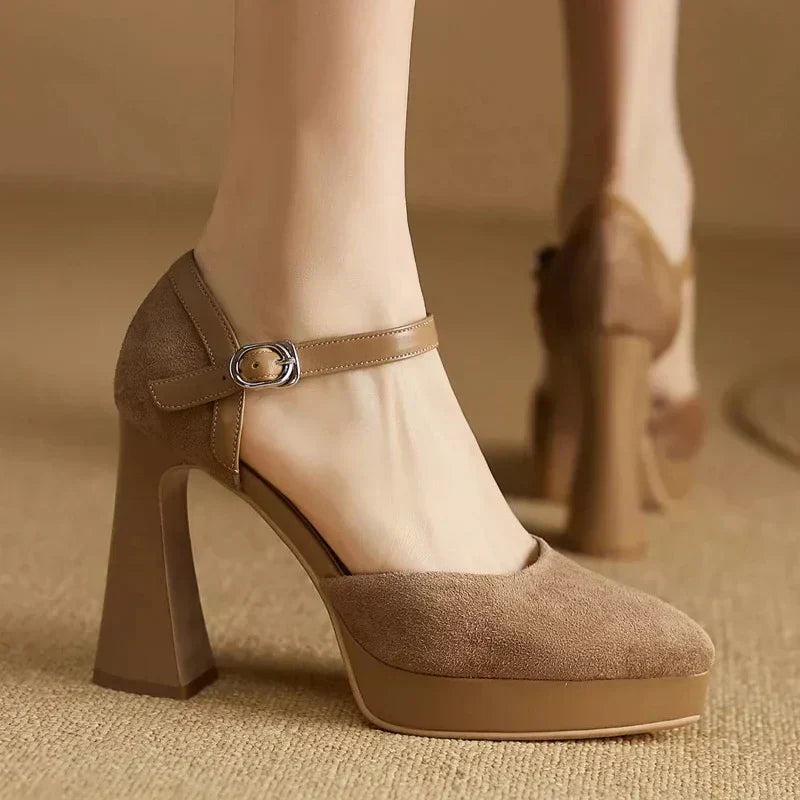Catalina | Women's Platform Block Heel Pumps with Ankle Strap - Brown - Image 1