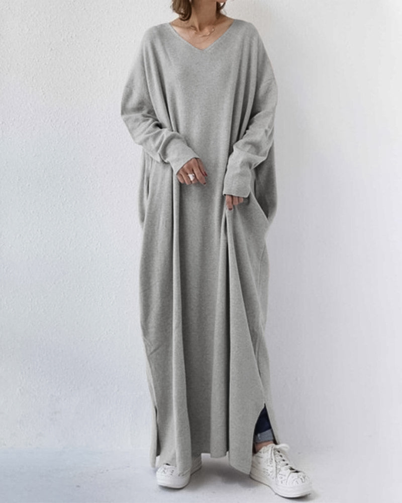 Celestia | Women's V-Neck Long Sleeve Maxi Dress - Grey - Image 1