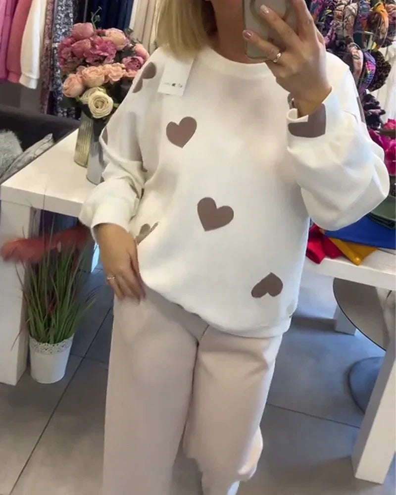 Celestine | Women's Heart Print Long Sleeve Sweater - White - Image 1