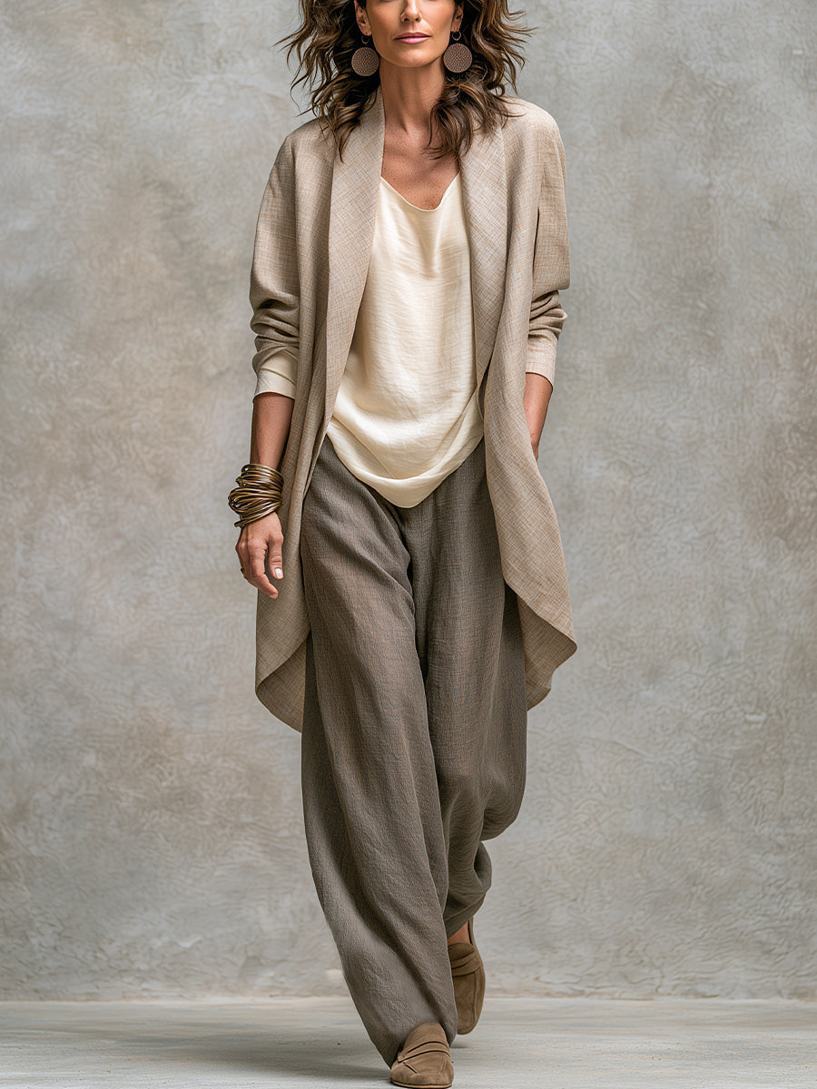 Celvindra | Women's Longline Open-Front Cardigan - Taupe - Image 1