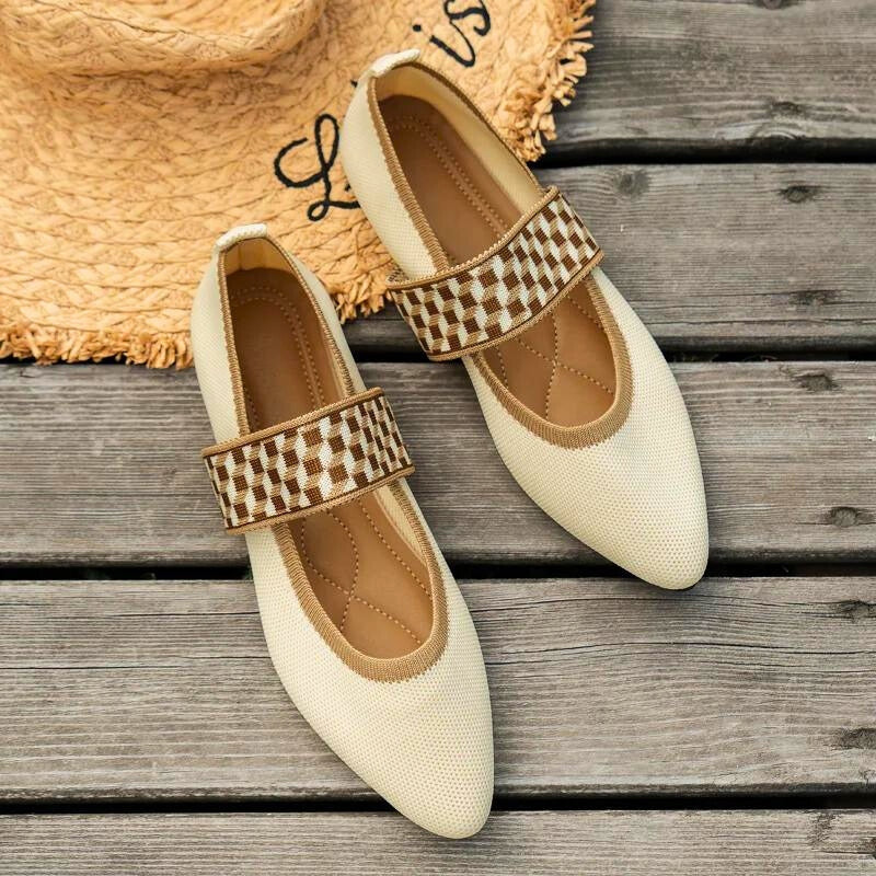 Clarissa | Women's Pointed Toe Mary Jane Flats - Beige - Image 1