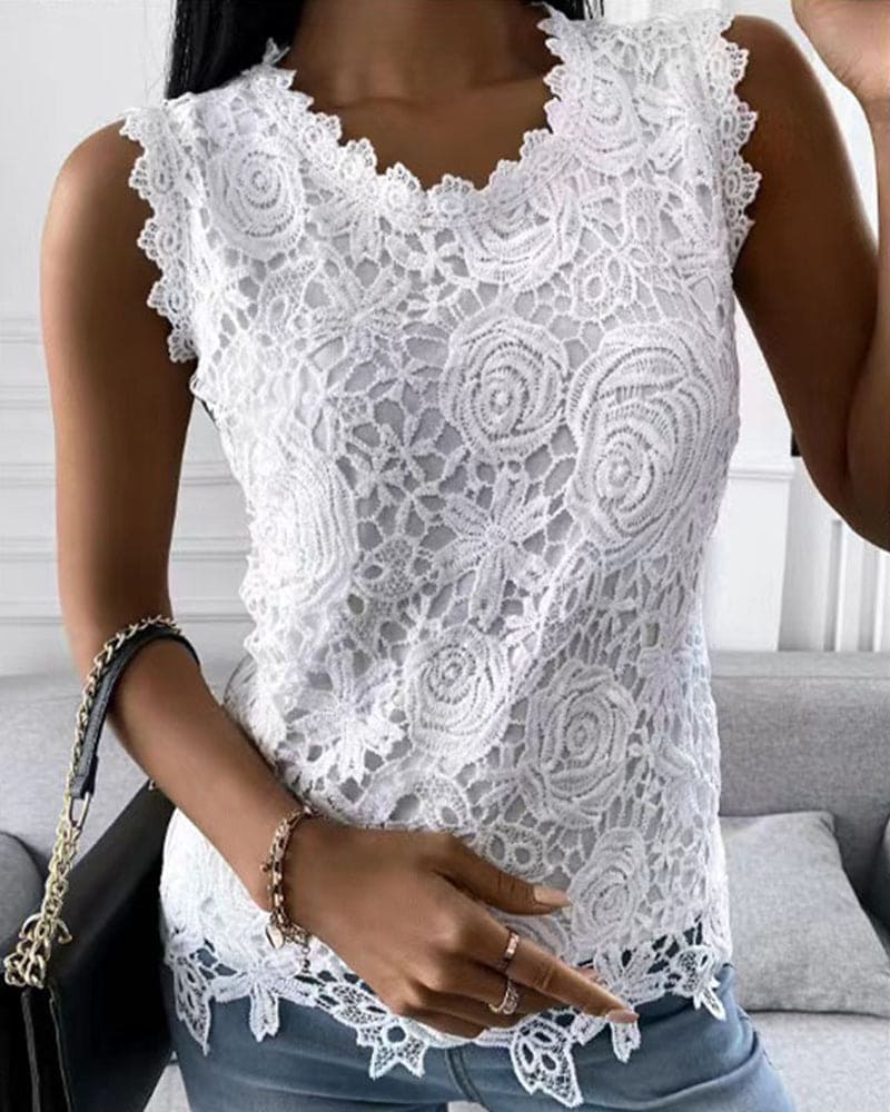 Clarista | Women's Sleeveless Scalloped Top - White - Image 1