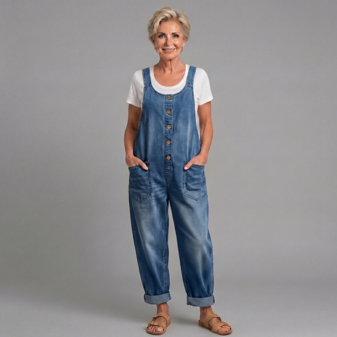 Clementina | Women's Button Front Wide Leg Dungarees - Blue - Image 1