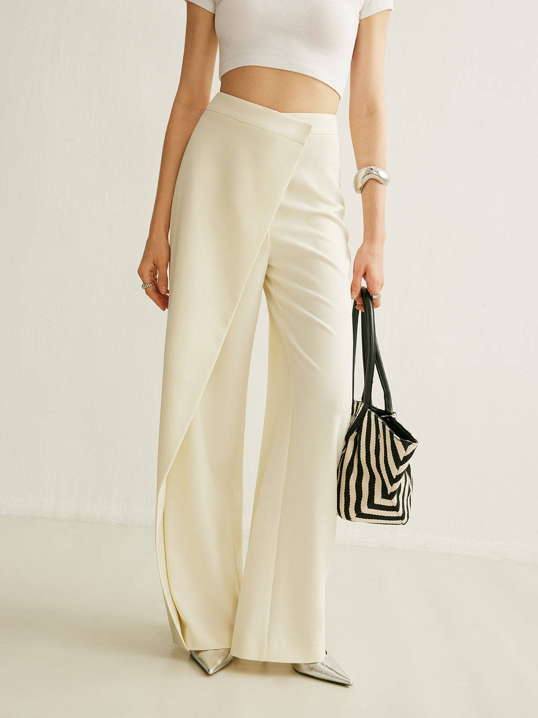 Clementina | Women's High Waist Wide Leg Wrap Trousers - Champagne - Image 1