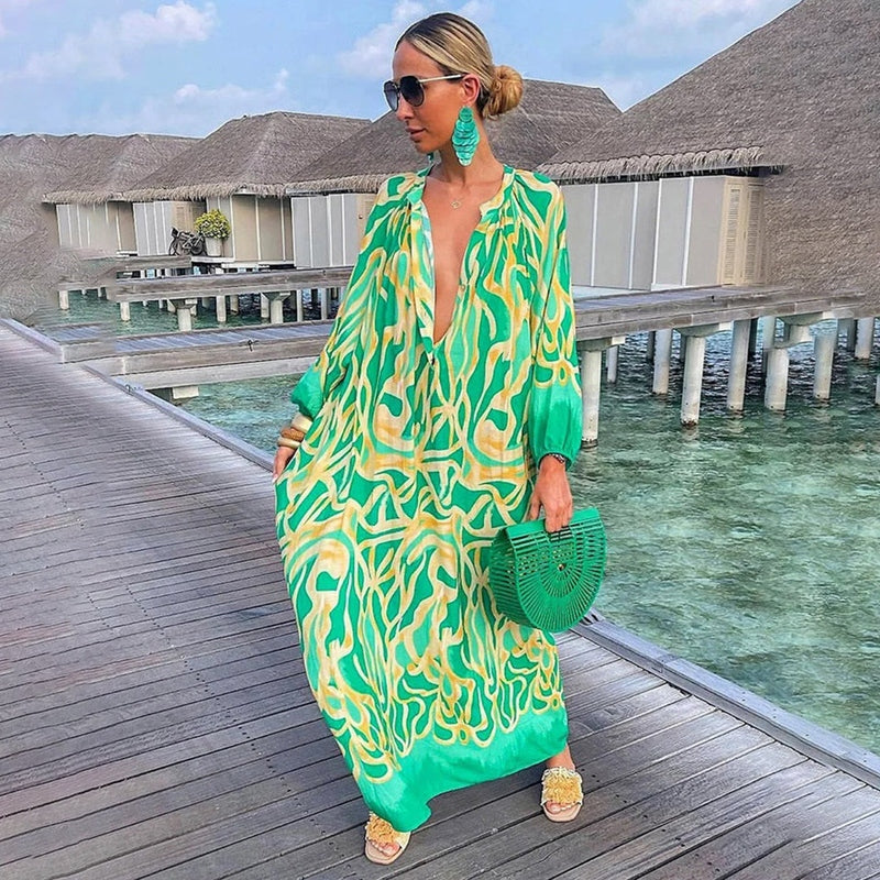 Cleopatra | Women's Abstract Print Maxi Beach Kaftan - Green - Image 1